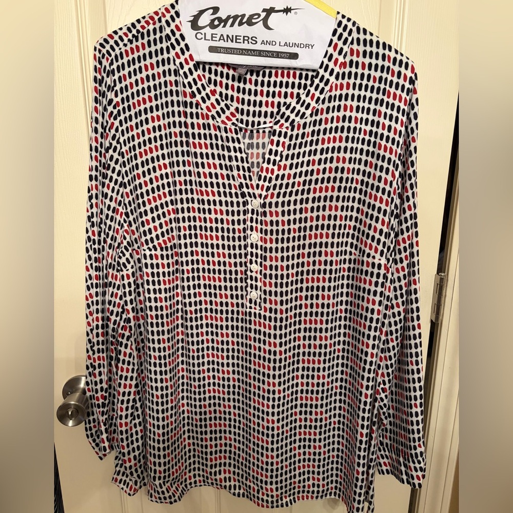 Ulla Popken Women’s Mulyi Color  Patterned Henley Top with Red Accents